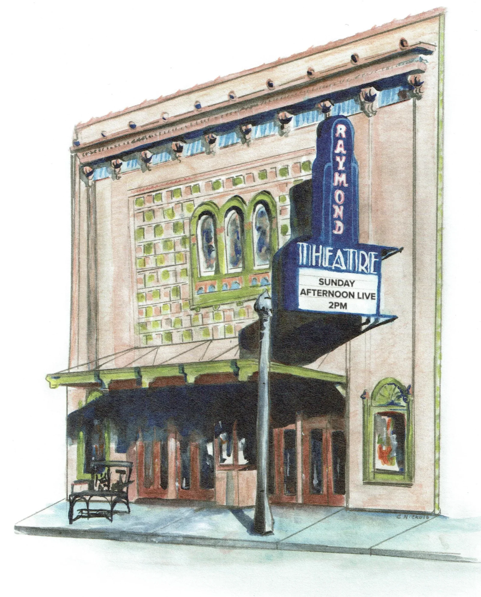 Watercolor of the historic Raymond Theatre